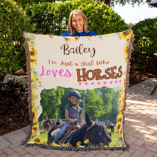 I'm Just A Girl Who Loves Horses- Personalized Heirloom Woven Blanket