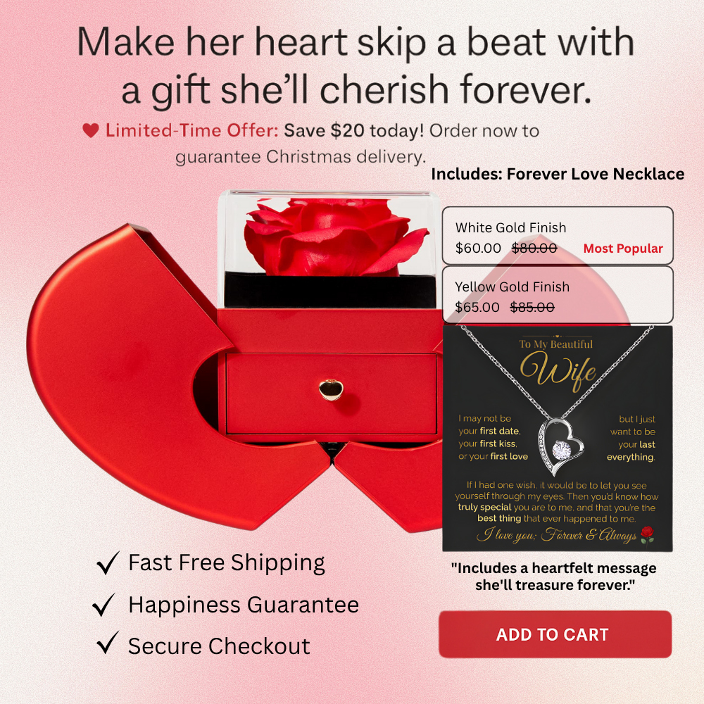 To My Beautiful Wife – Forever Love Heart Necklace & Rose Box