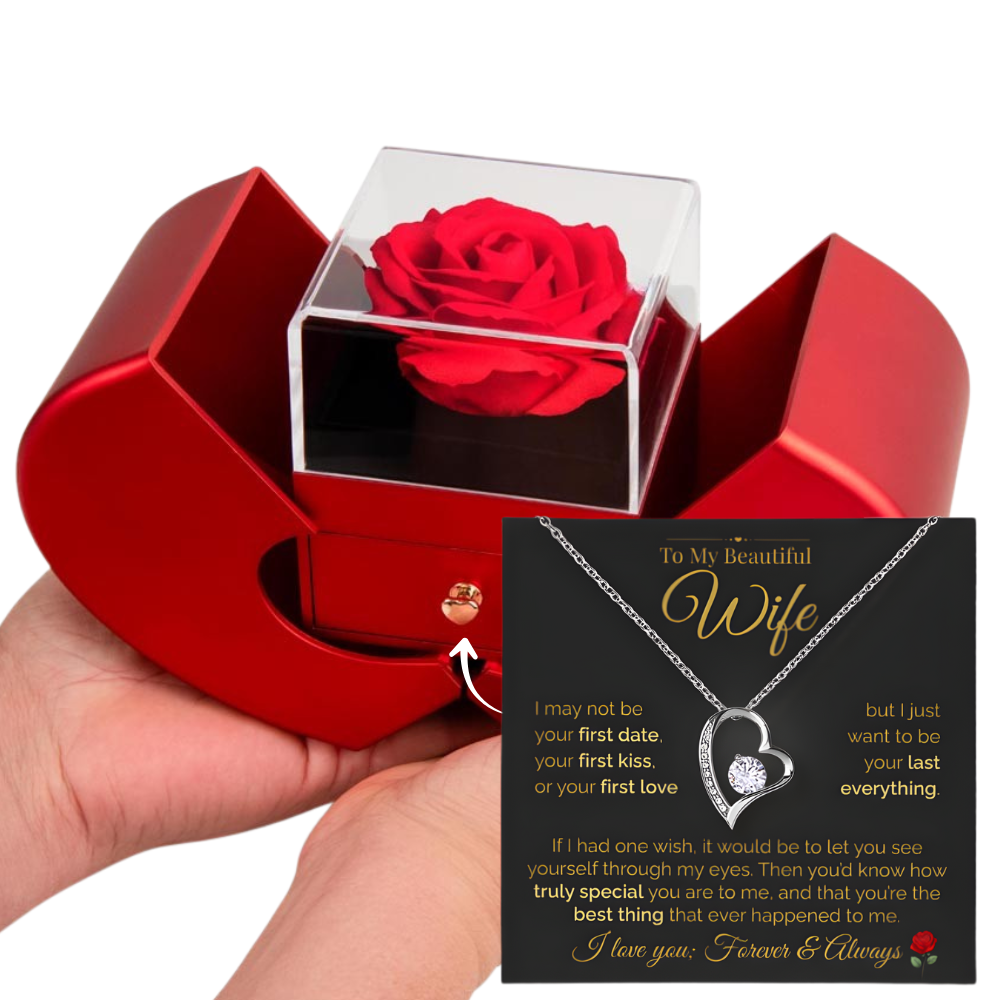 To My Beautiful Wife – Forever Love Heart Necklace & Rose Box