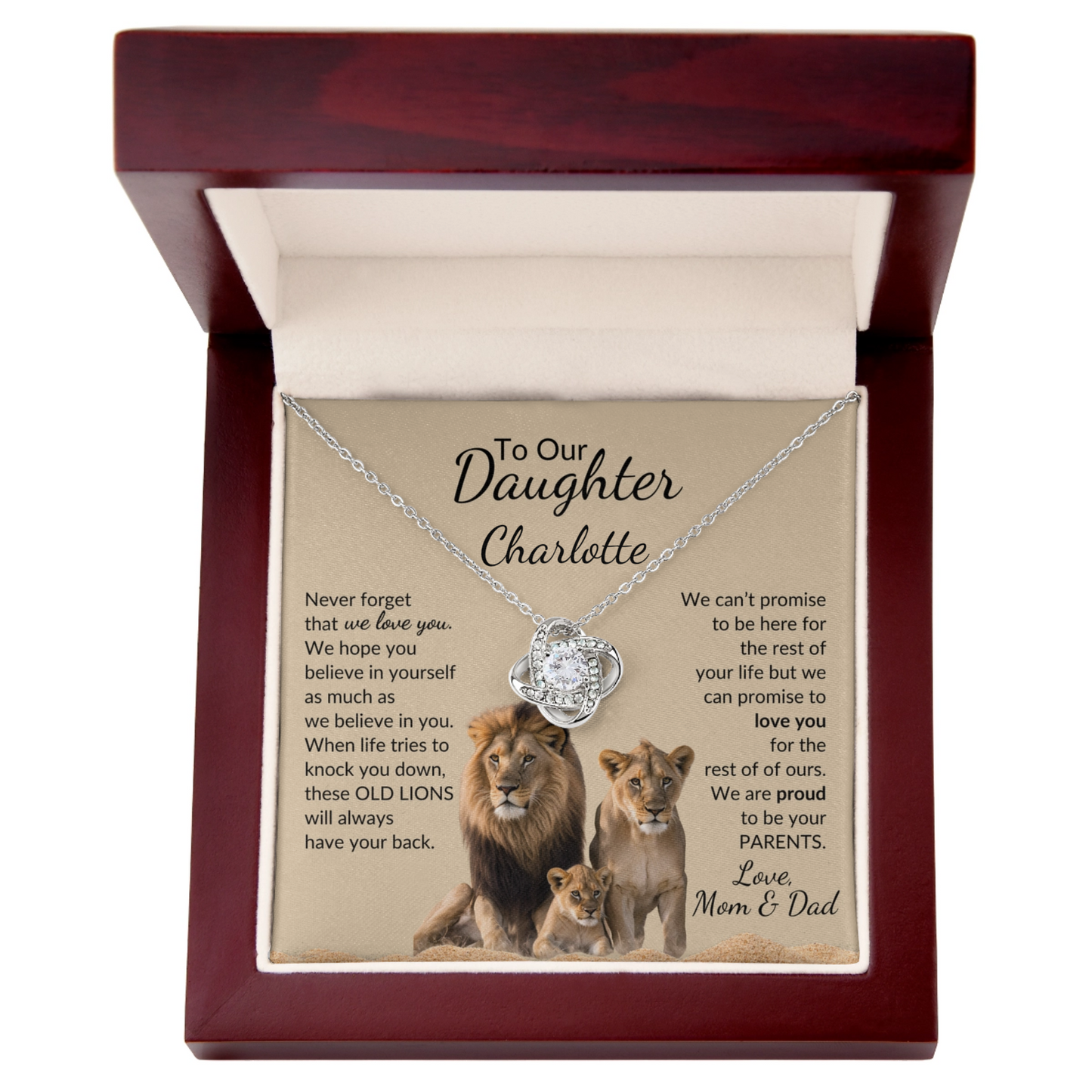 Personalized Daughter - Proud Old Lion - Love Knot Necklace