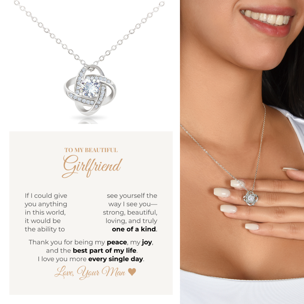 To My Beautiful Girlfriend – Love Knot Necklace with Heartfelt Message Card