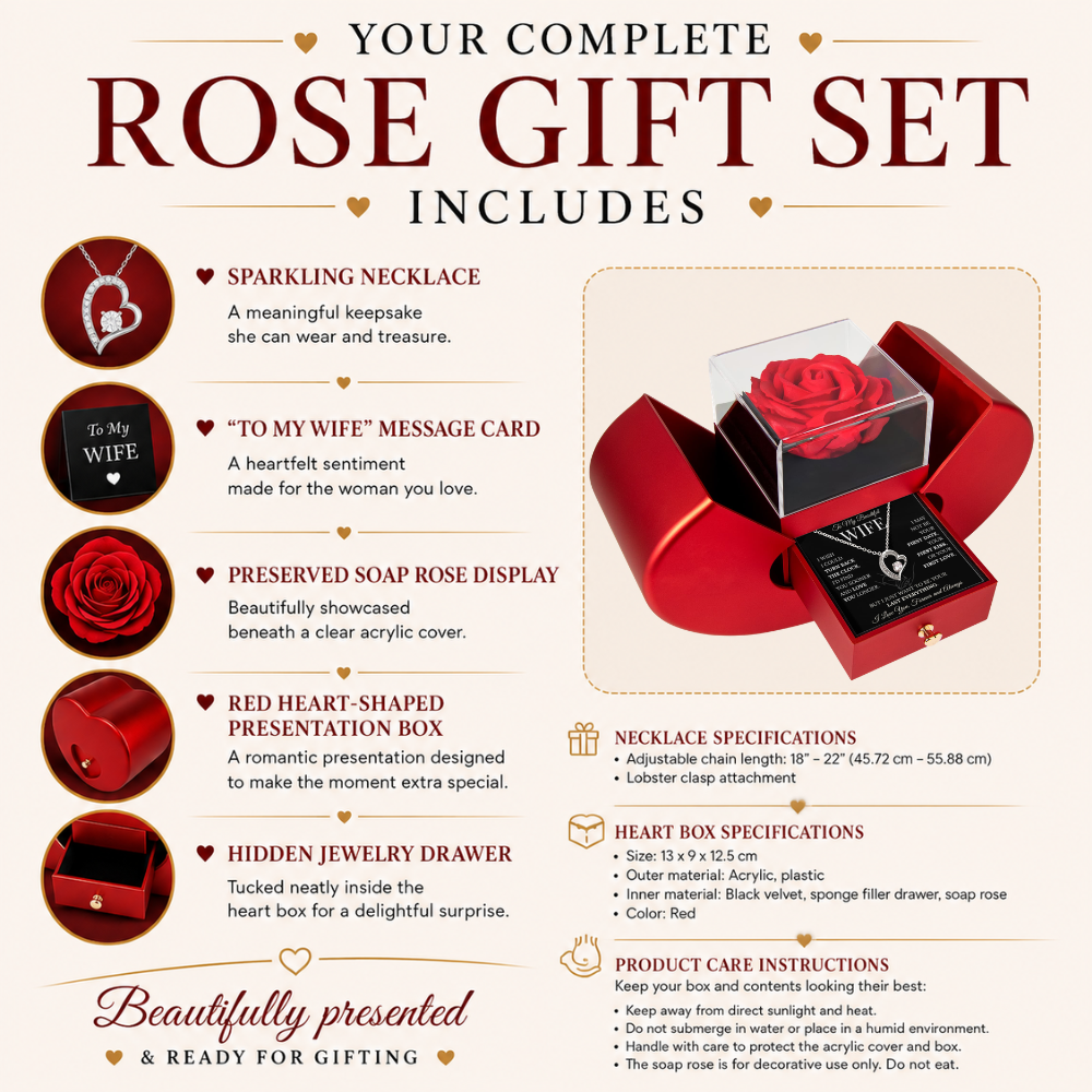 To My Beautiful Wife – Forever Love Necklace & Red Rose Gift Box