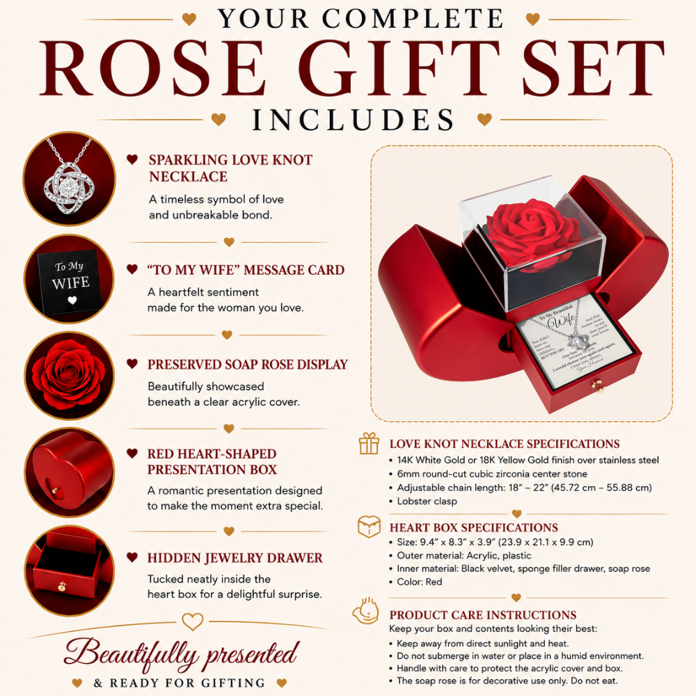To My Beautiful Wife | Love Knot Necklace in Red Heart Rose Gift Box