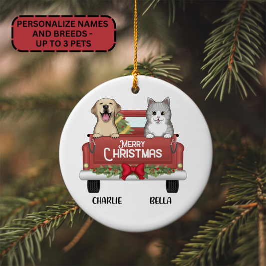 Personalized Dog - Cat "Merry Christmas" Vintage Truck Ornament