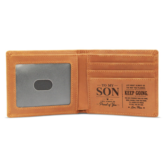 To My Son Engraved Wallet from Mom | Keep Going Gift