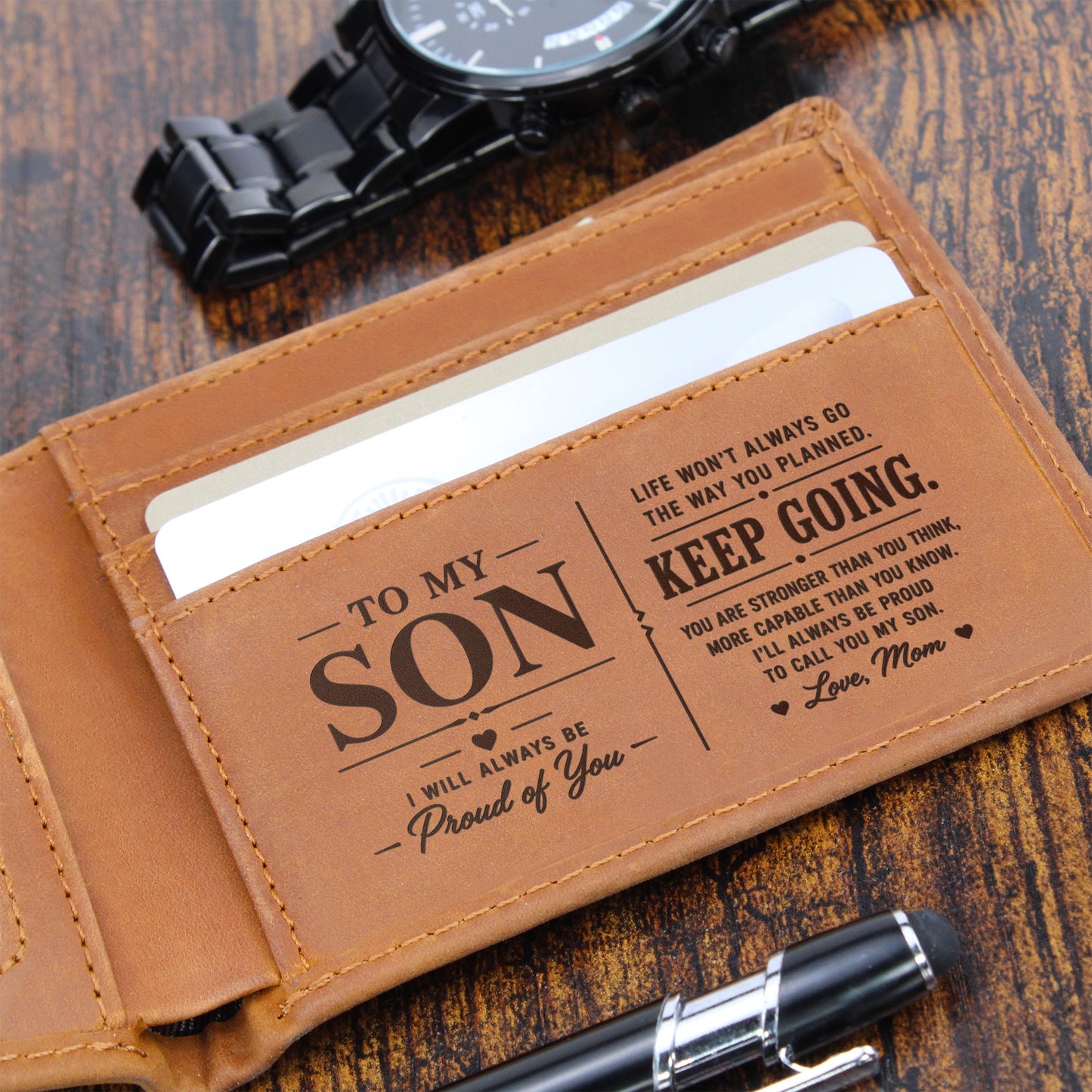 To My Son Engraved Wallet from Mom | Keep Going Gift