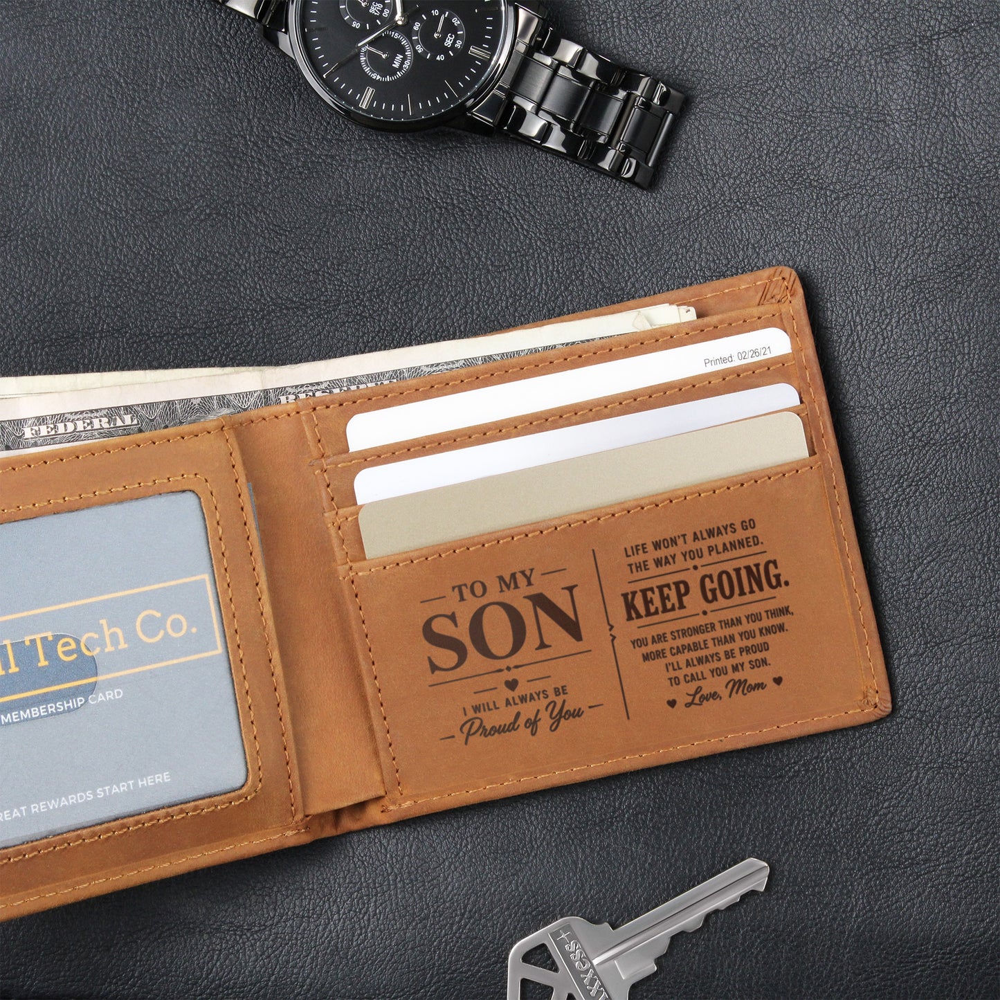 To My Son Engraved Wallet from Mom | Keep Going Gift
