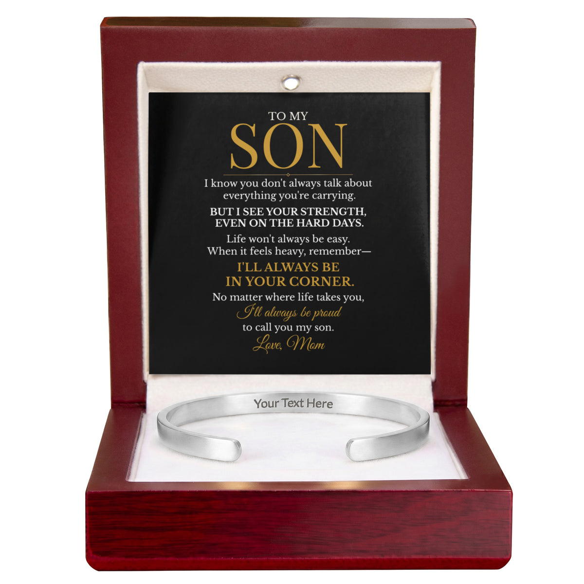 To My Son – Always in Your Corner Engraved Cuff Bracelet