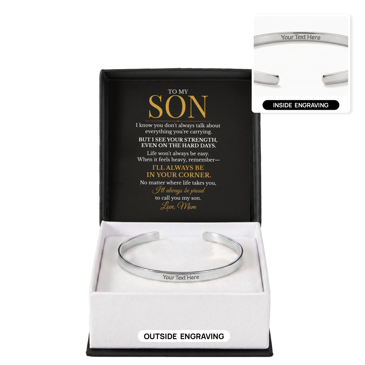 To My Son – Always in Your Corner Engraved Cuff Bracelet