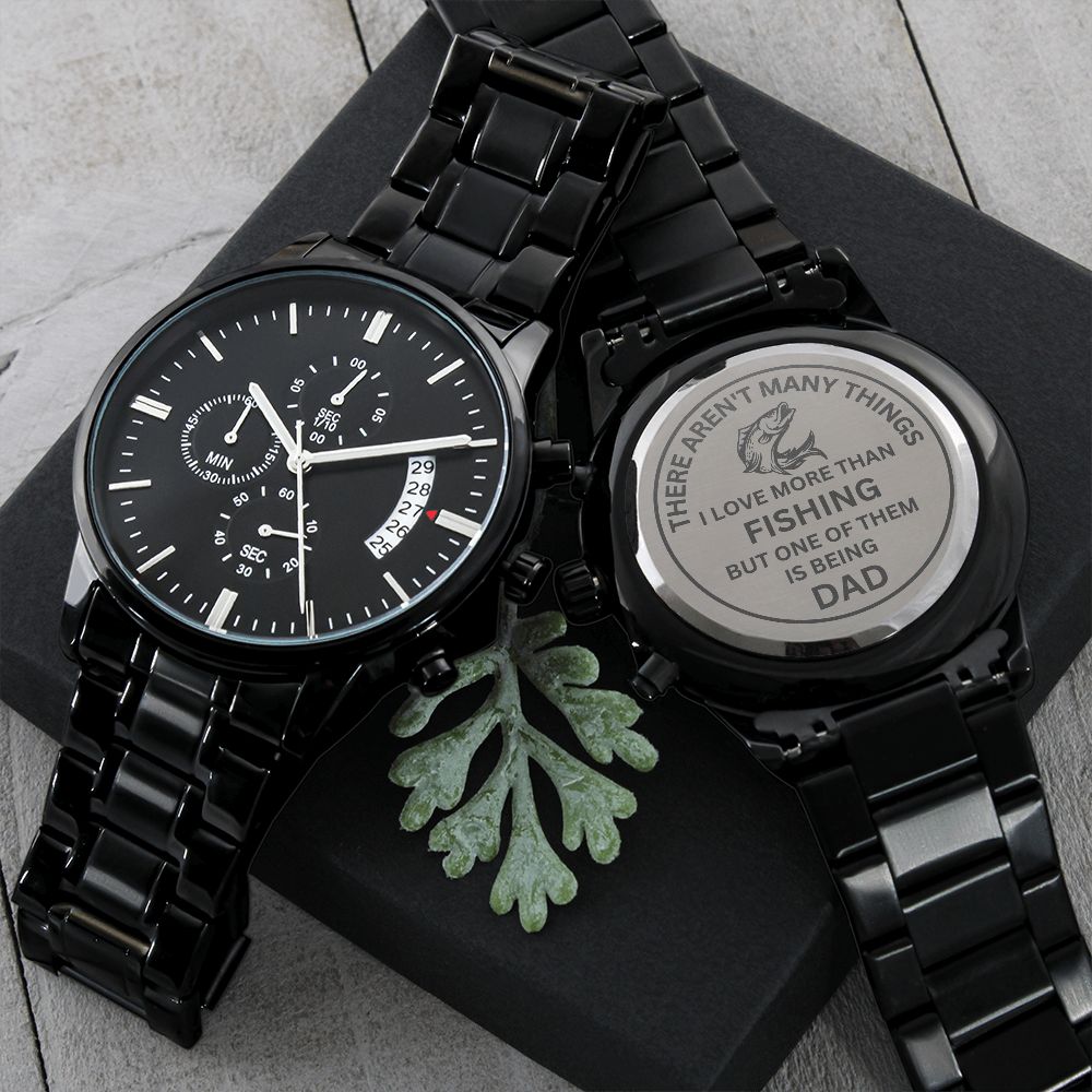 Gift For Fishing Dad-Being A Dad-Engraved Black Chronograph Watch