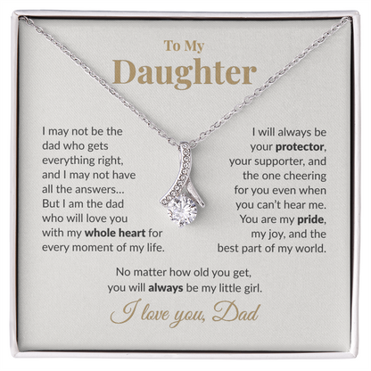 “To My Daughter necklace from Dad with heartfelt message card in mahogany gift box – Alluring Beauty pendant in white gold finish.”