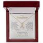 “Luxury mahogany LED gift box holding To My Daughter necklace and emotional father message card.”