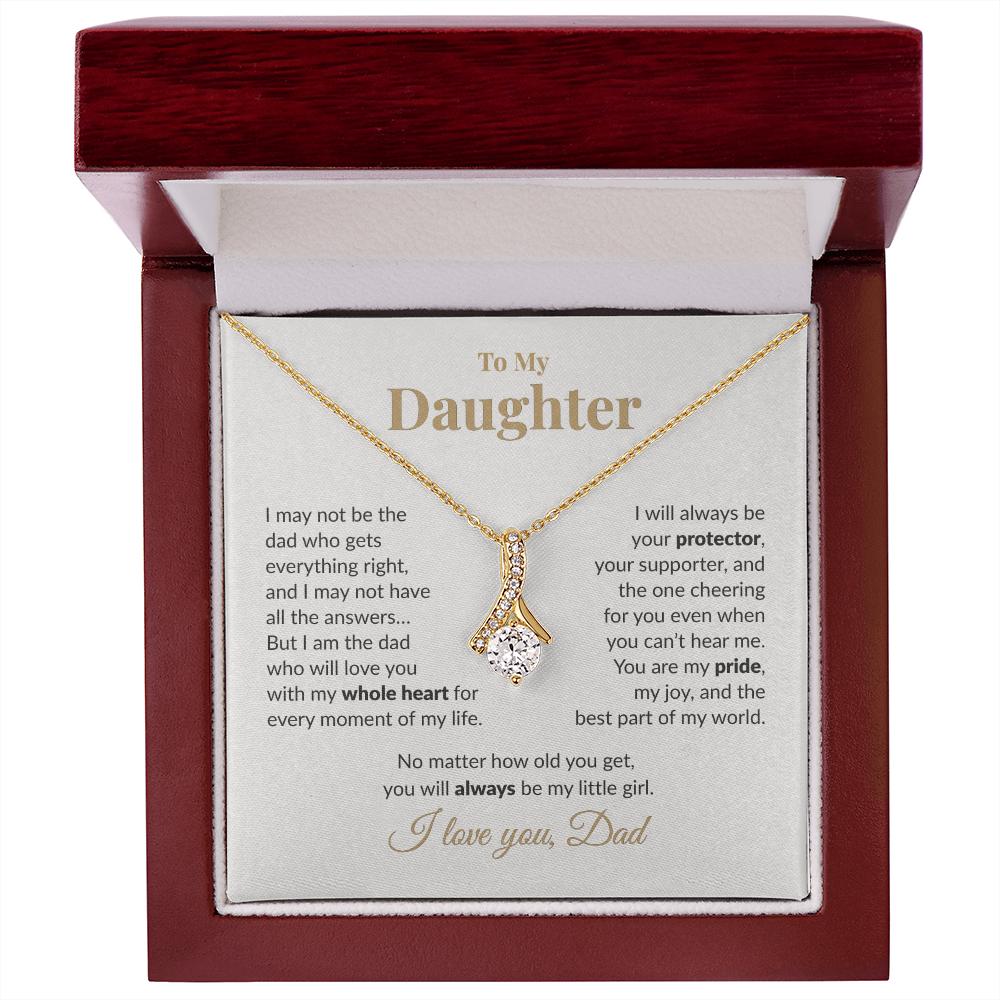 “Luxury mahogany LED gift box holding To My Daughter necklace and emotional father message card.”