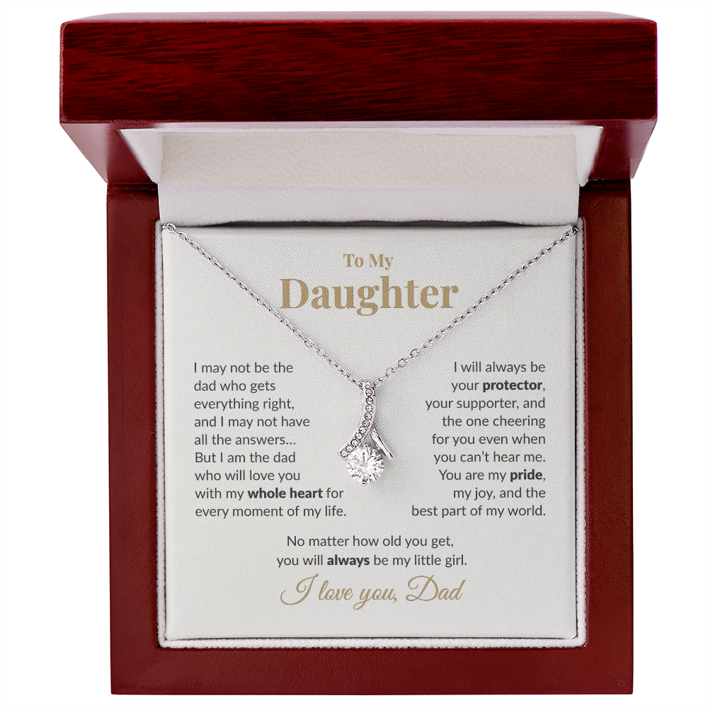 “White gold Alluring Beauty necklace displayed over daughter message card from dad – meaningful father daughter jewelry gift.”
