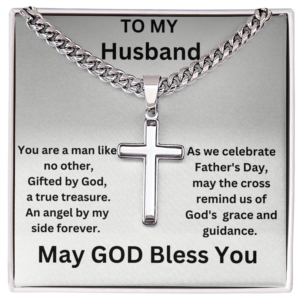 Gift to My Husband-An Angel By My Side-Cuban Chain Cross Necklace