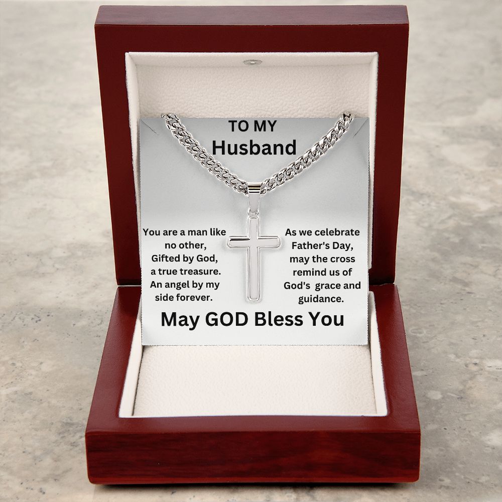 Gift to My Husband-An Angel By My Side-Cuban Chain Cross Necklace