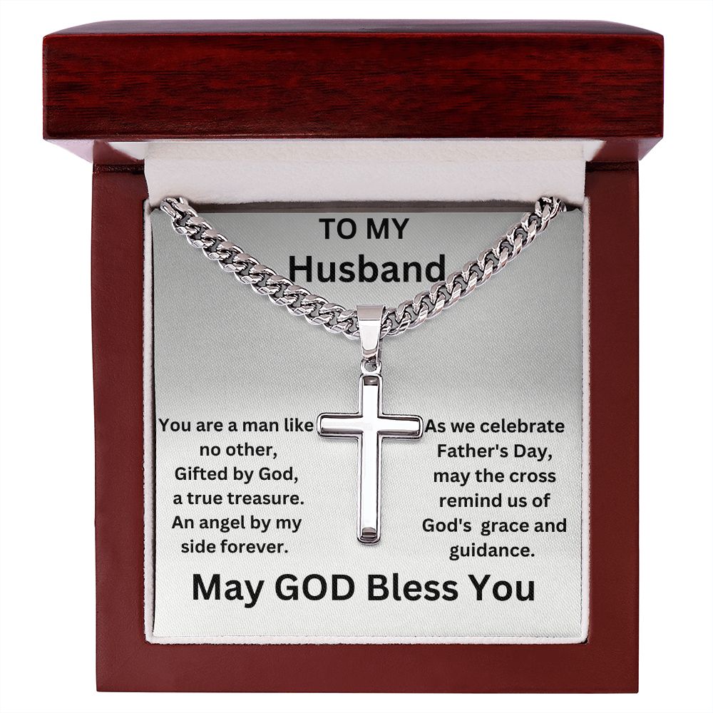 Gift to My Husband-An Angel By My Side-Cuban Chain Cross Necklace