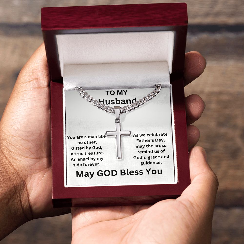 Gift to My Husband-An Angel By My Side-Cuban Chain Cross Necklace