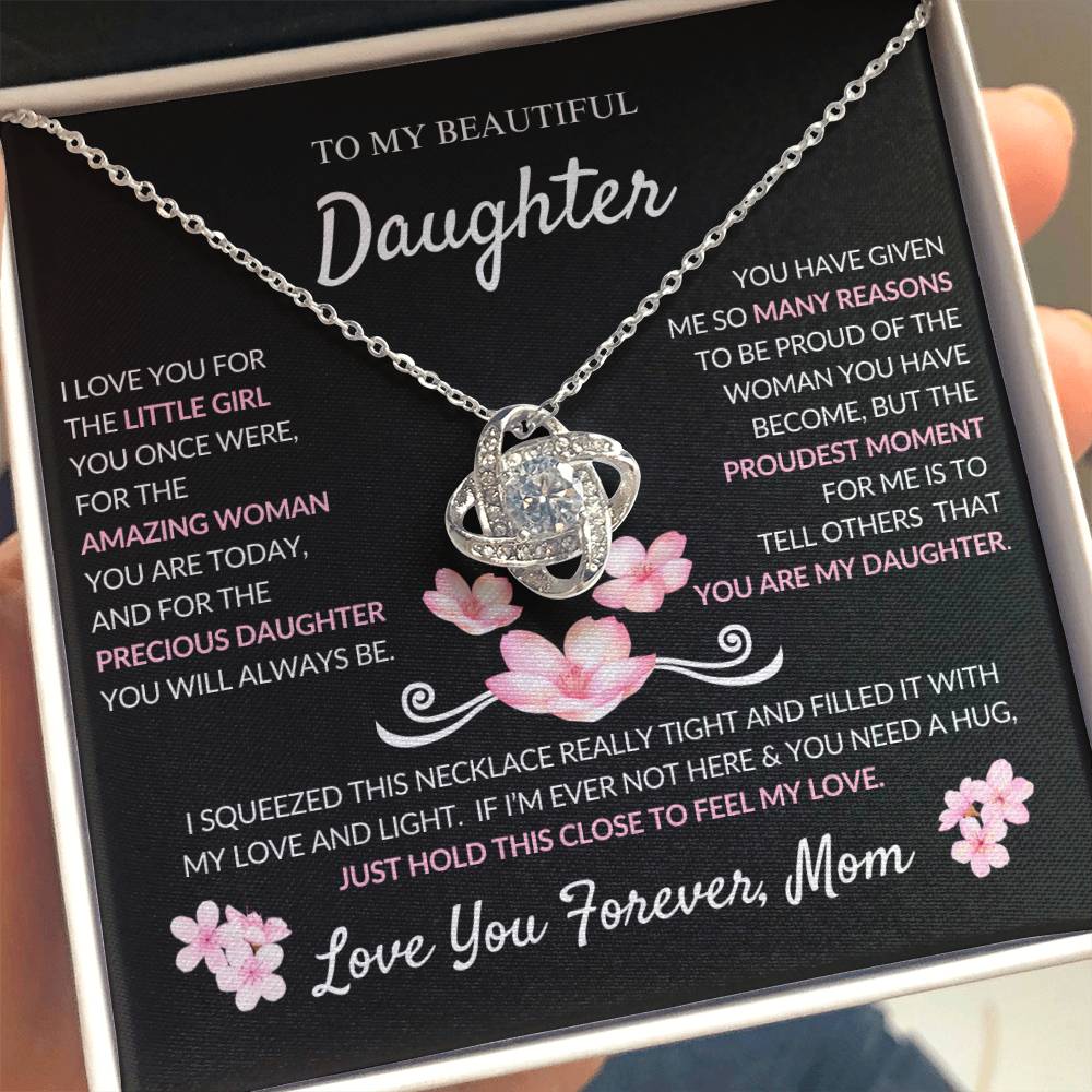 Beautiful Daughter Necklace- Love Mom- Gift Set Love Knot Necklace With Heartfelt Message- Birthday Gift - Christmas Gift From Mom