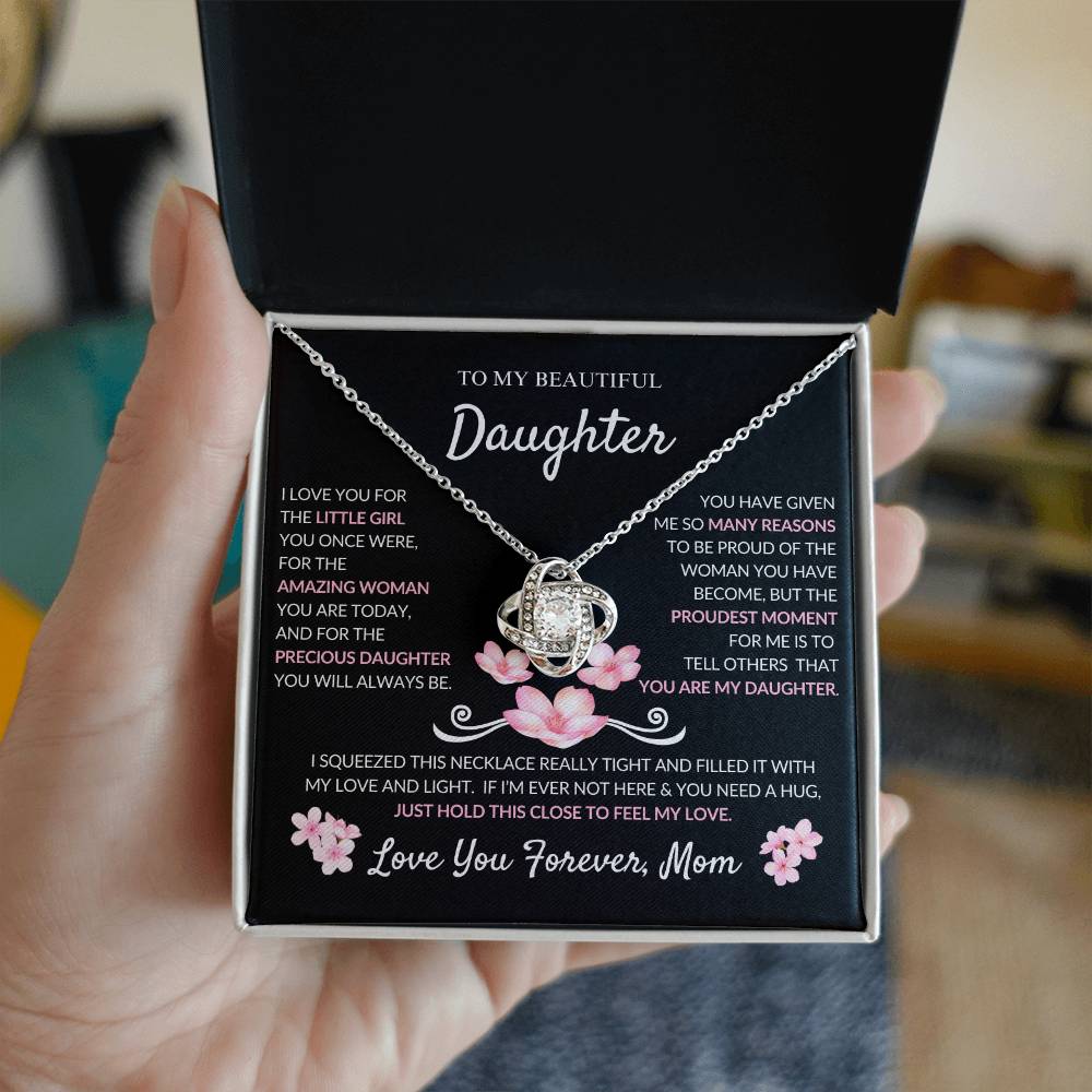 Beautiful Daughter Necklace- Love Mom- Gift Set Love Knot Necklace With Heartfelt Message- Birthday Gift - Christmas Gift From Mom