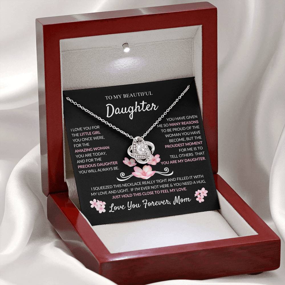 Beautiful Daughter Necklace- Love Mom- Gift Set Love Knot Necklace With Heartfelt Message- Birthday Gift - Christmas Gift From Mom