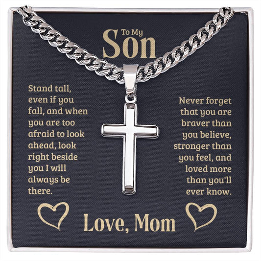 Son-Mom-Stand Tall-Cuban Chain Artisan Cross Necklace