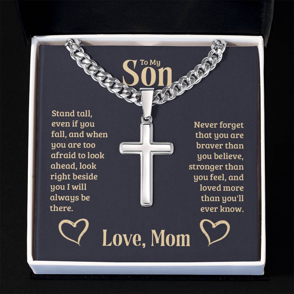 Son-Mom-Stand Tall-Cuban Chain Artisan Cross Necklace