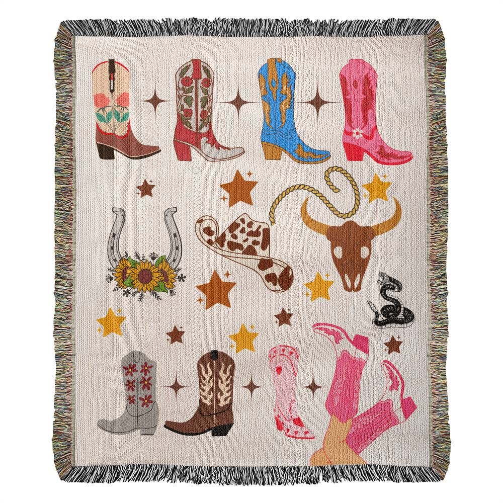 Cowgirl Dreams Multi Color Boots- Heirloom Woven Blanket- Western Home Decor