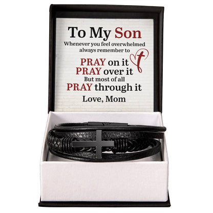 Son- Always Remember-Love, Mom-Cross Leather Bracelet