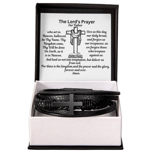 Men's Leather Cross Bracelet-The Lords Prayer-Religious Cross-With Message Card