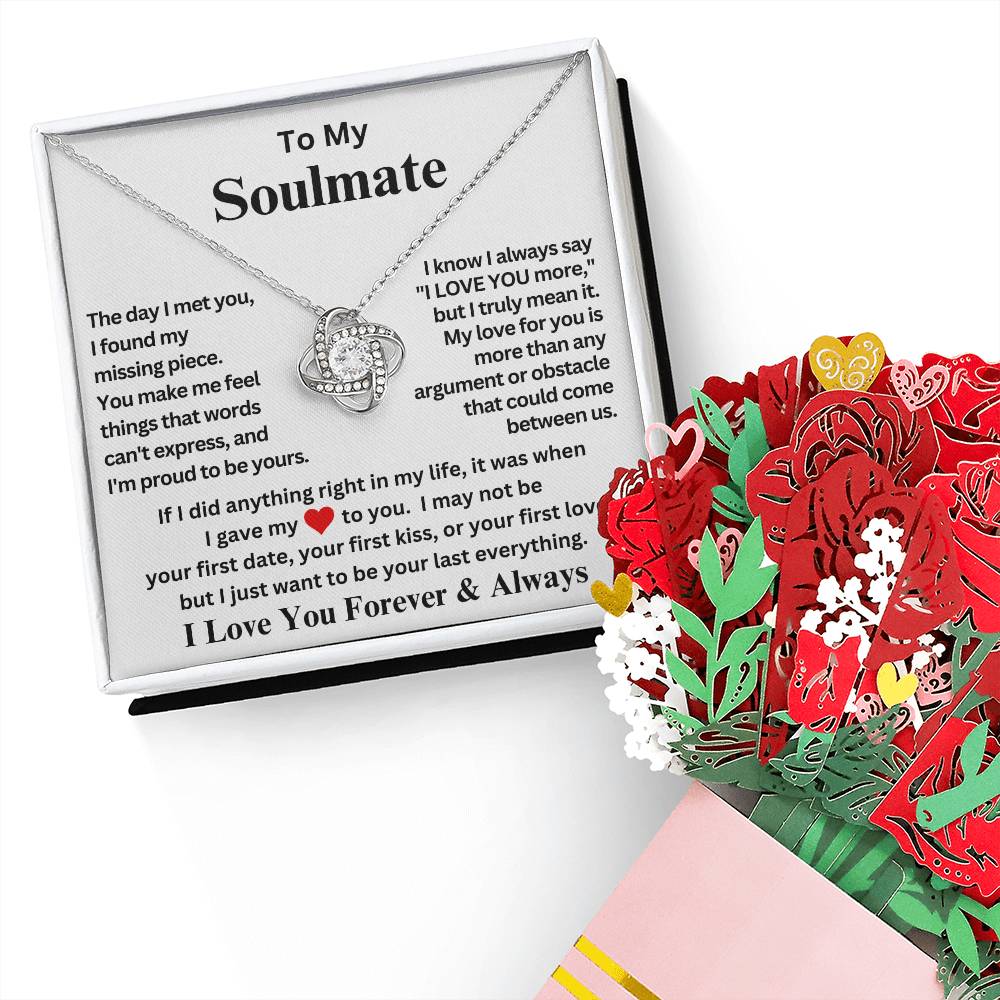 To My Soulmate -Gave My Heart To You- Love Knot Necklace and Sweetest Devotion Bouquet Gift Set