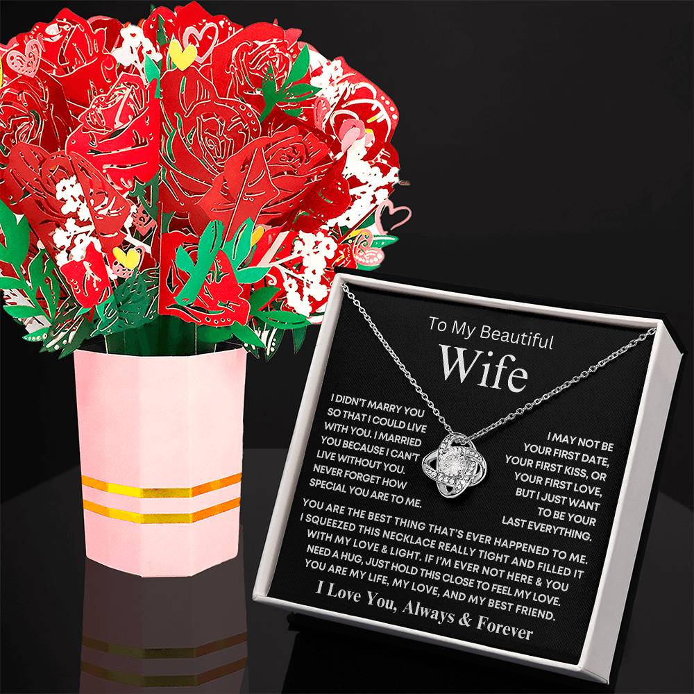 Beautiful Wife- Can't Live Without You- Love Knot Necklace & Sweetest Devotion Bouquet Gift Set