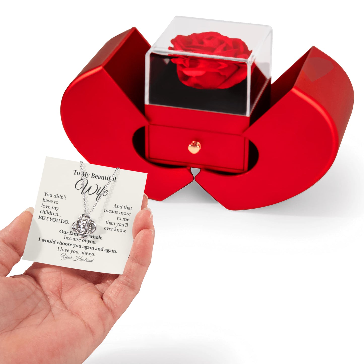 To My Beautiful Wife – Love Knot Necklace Gift Set with Red Heart Rose Box
