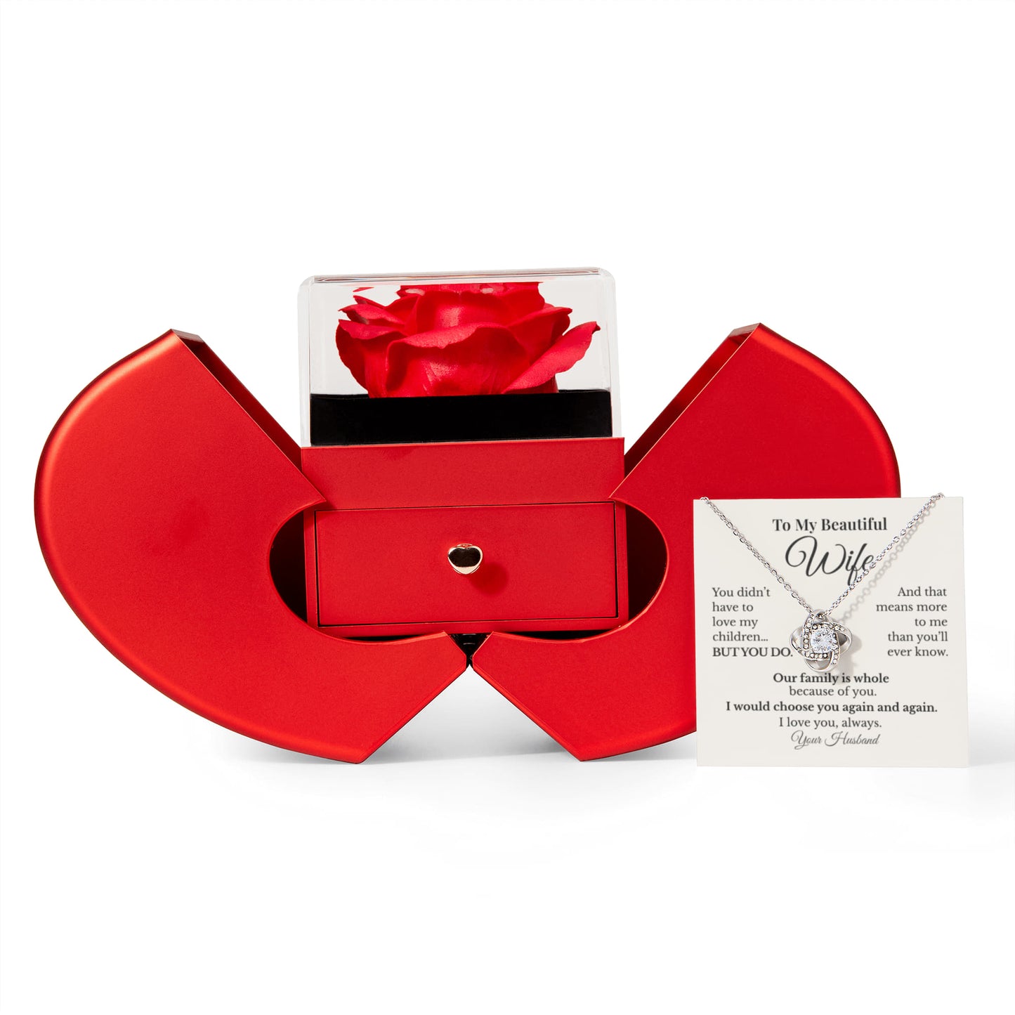 To My Beautiful Wife – Love Knot Necklace Gift Set with Red Heart Rose Box