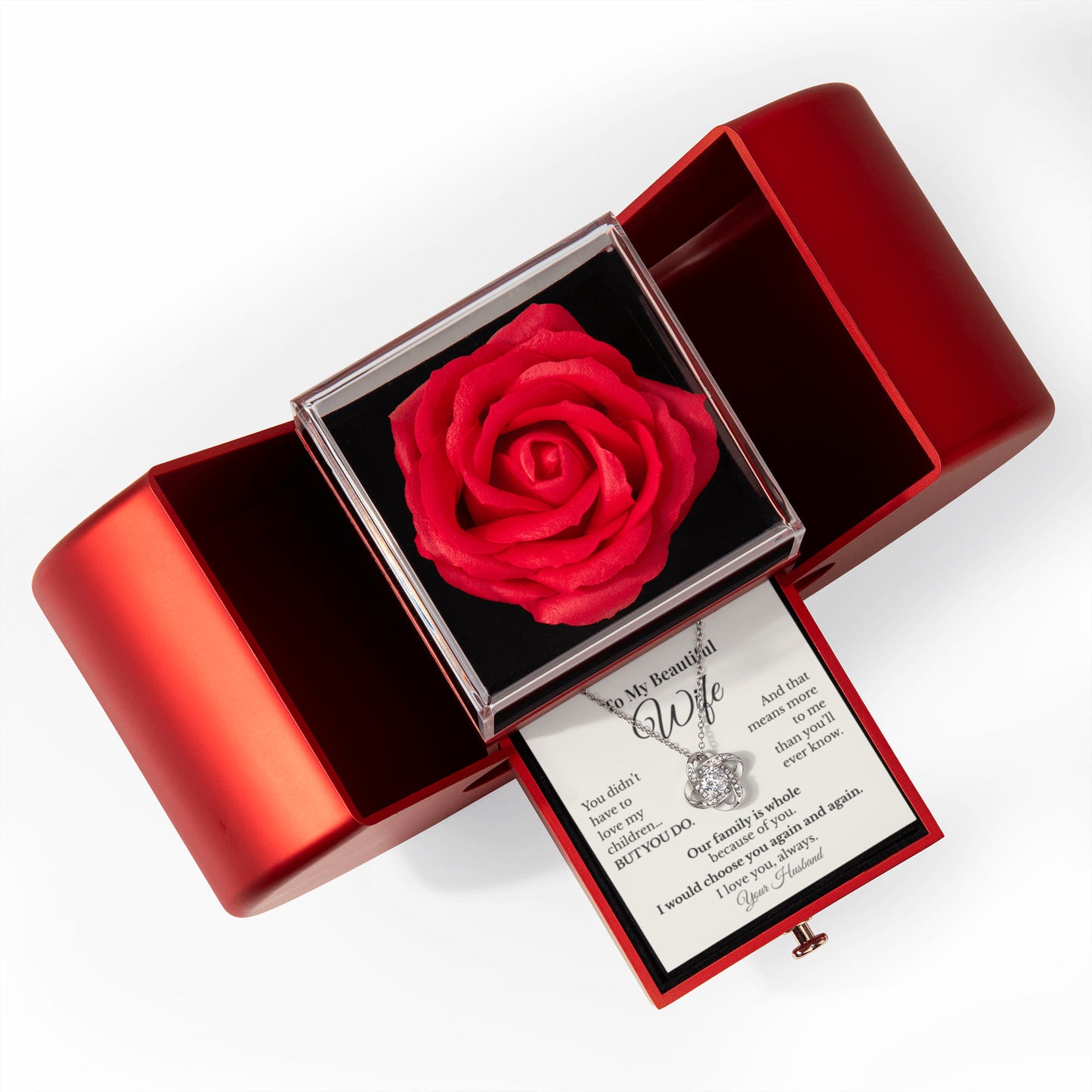 To My Beautiful Wife – Love Knot Necklace Gift Set with Red Heart Rose Box