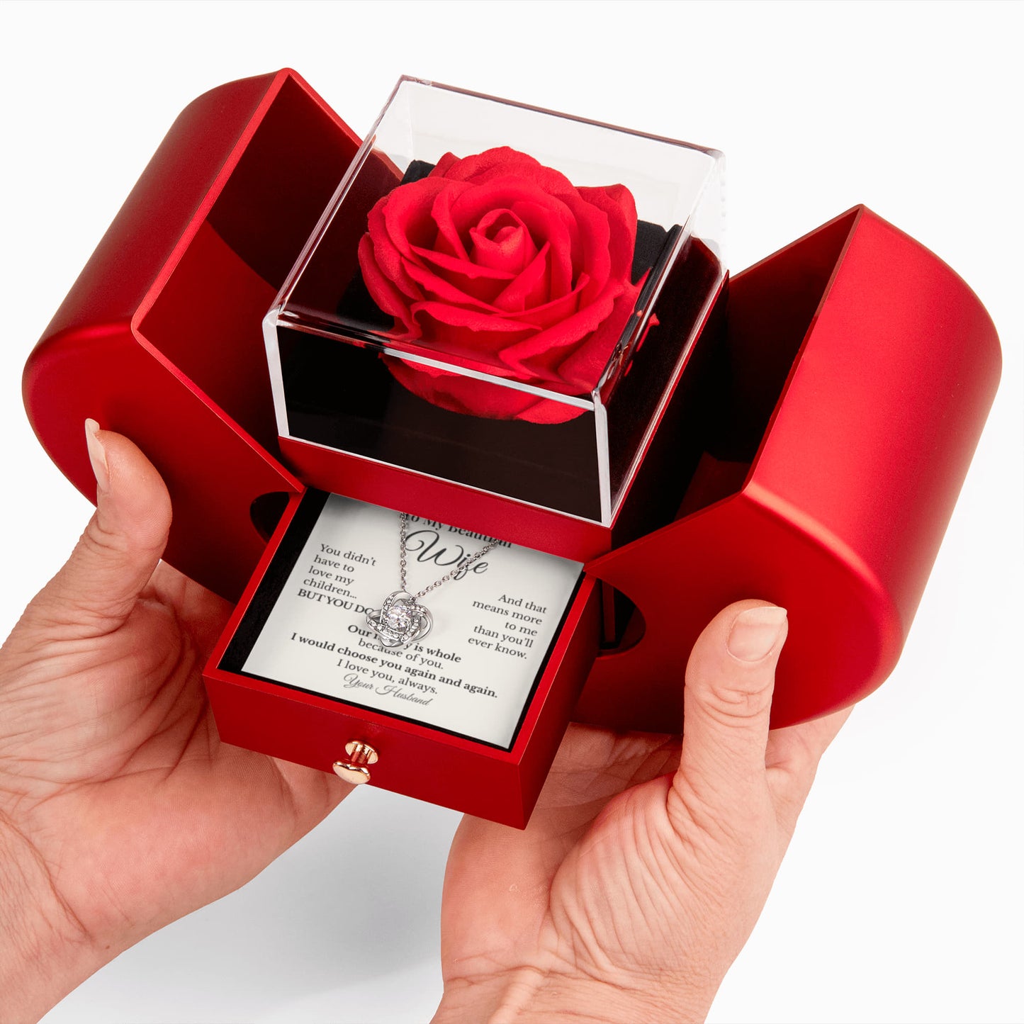 To My Beautiful Wife – Love Knot Necklace Gift Set with Red Heart Rose Box