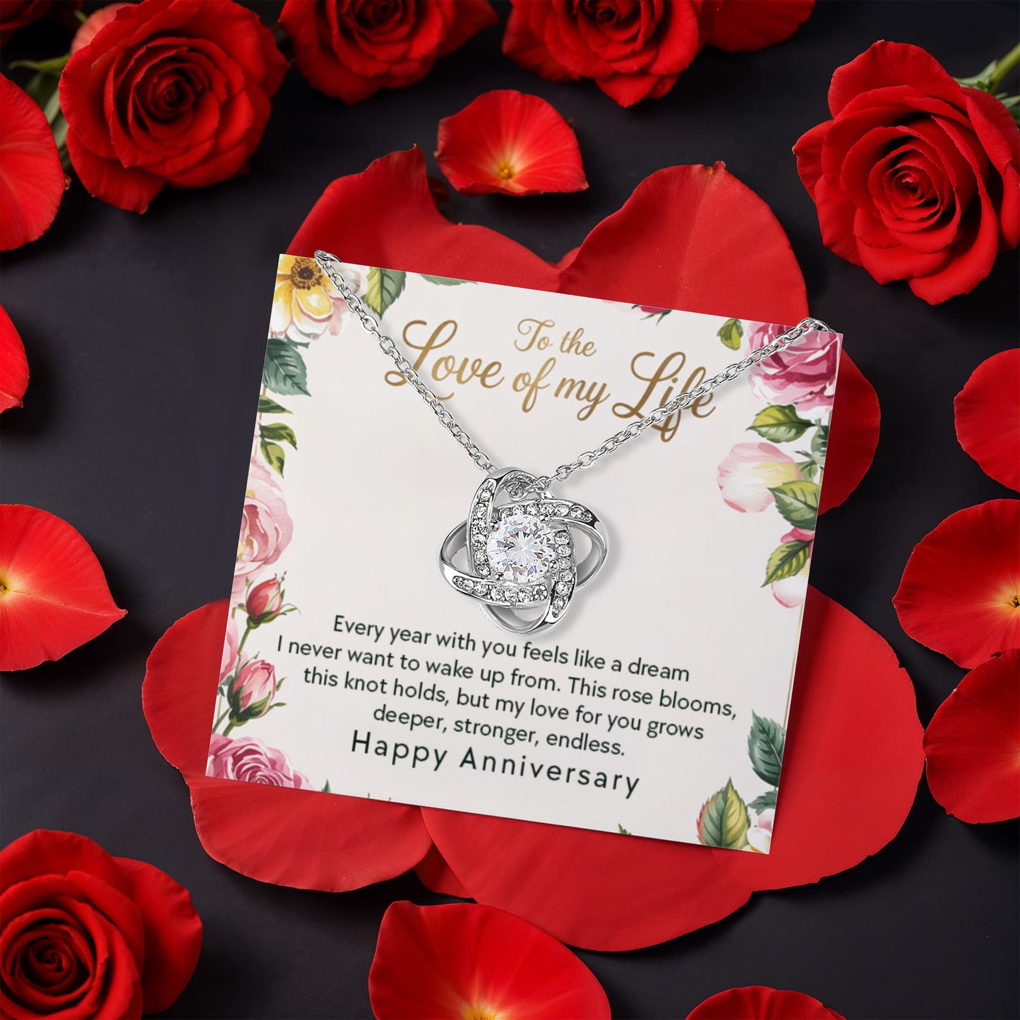 Love of My Life Love Knot Necklace with Eternal Rose Luxury Gift Box-Happy Anniversary