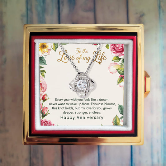 Love of My Life Love Knot Necklace with Eternal Rose Luxury Gift Box-Happy Anniversary