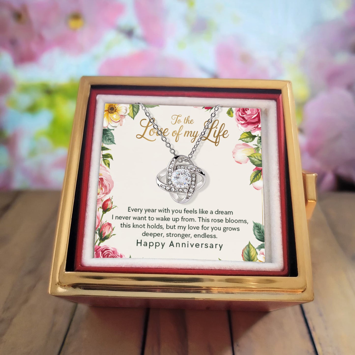 Love of My Life Love Knot Necklace with Eternal Rose Luxury Gift Box-Happy Anniversary