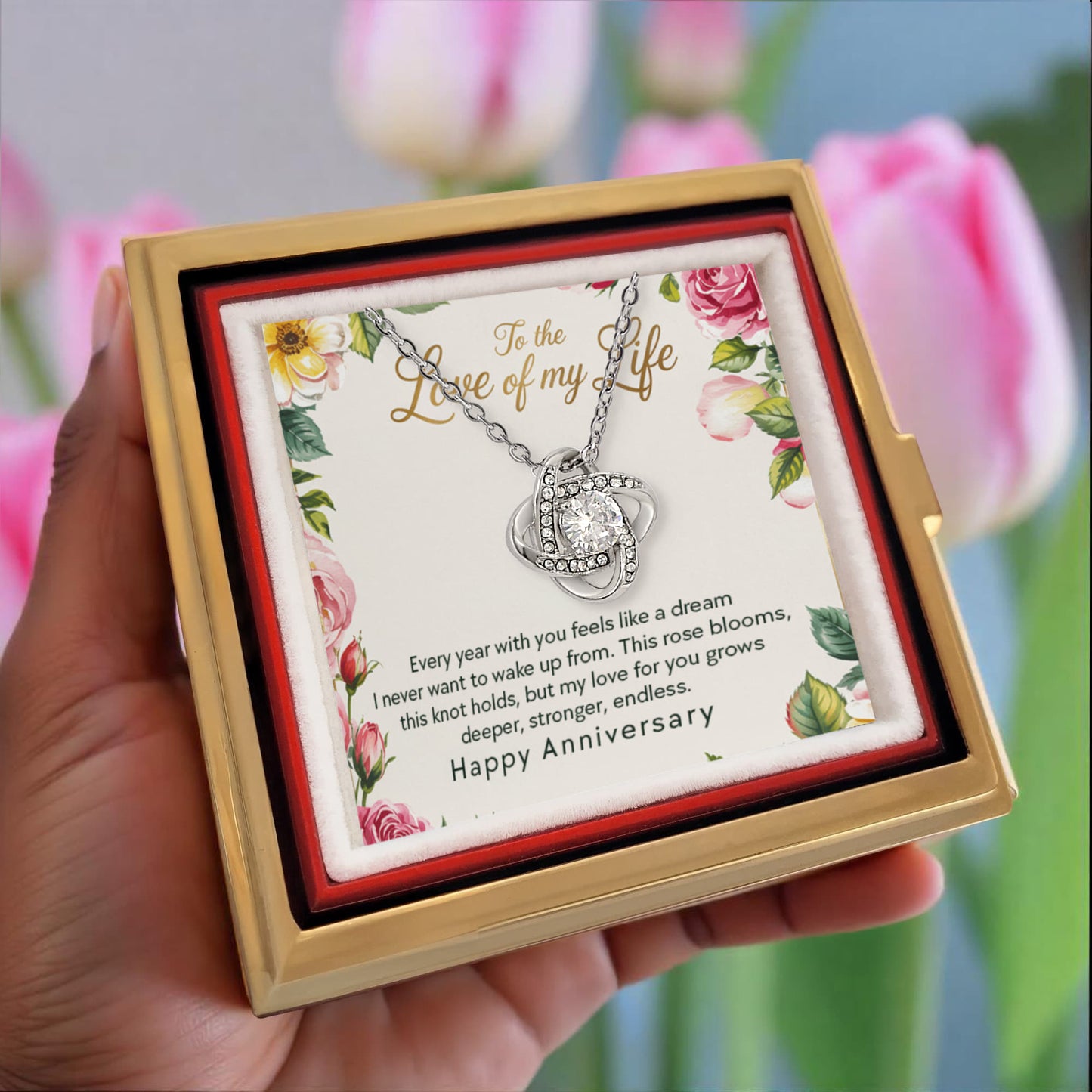 Love of My Life Love Knot Necklace with Eternal Rose Luxury Gift Box-Happy Anniversary