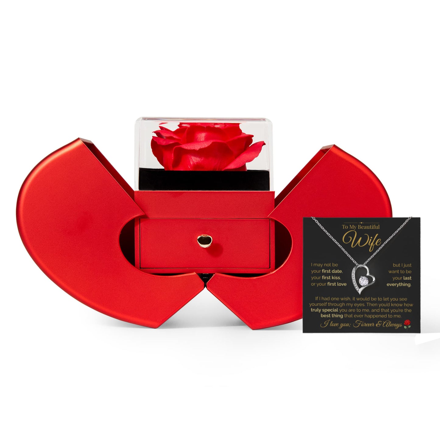 To My Beautiful Wife – Forever Love Heart Necklace & Rose Box