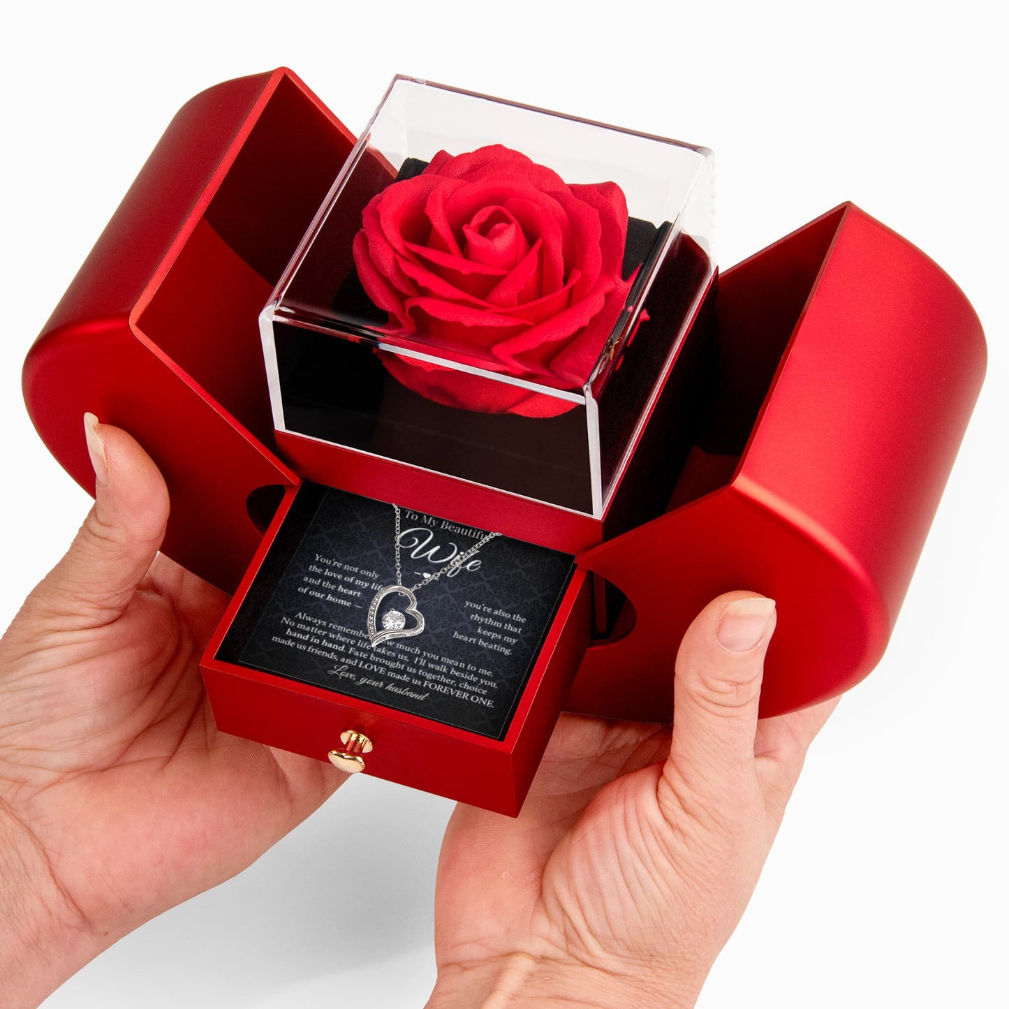 Forever Love Necklace with Red Heart Rose Gift Box — “To My Beautiful Wife” Message Card