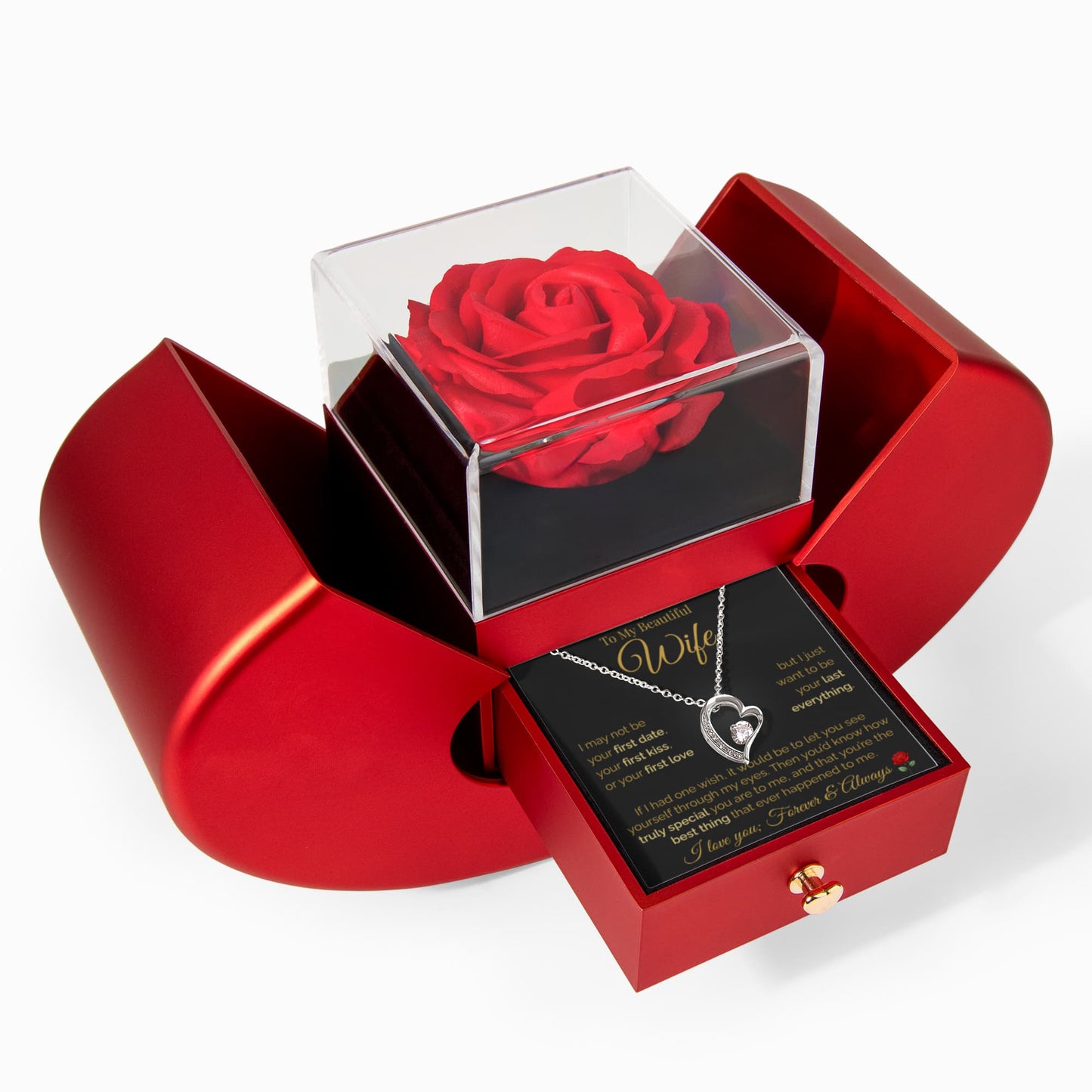 To My Beautiful Wife – Forever Love Heart Necklace & Rose Box