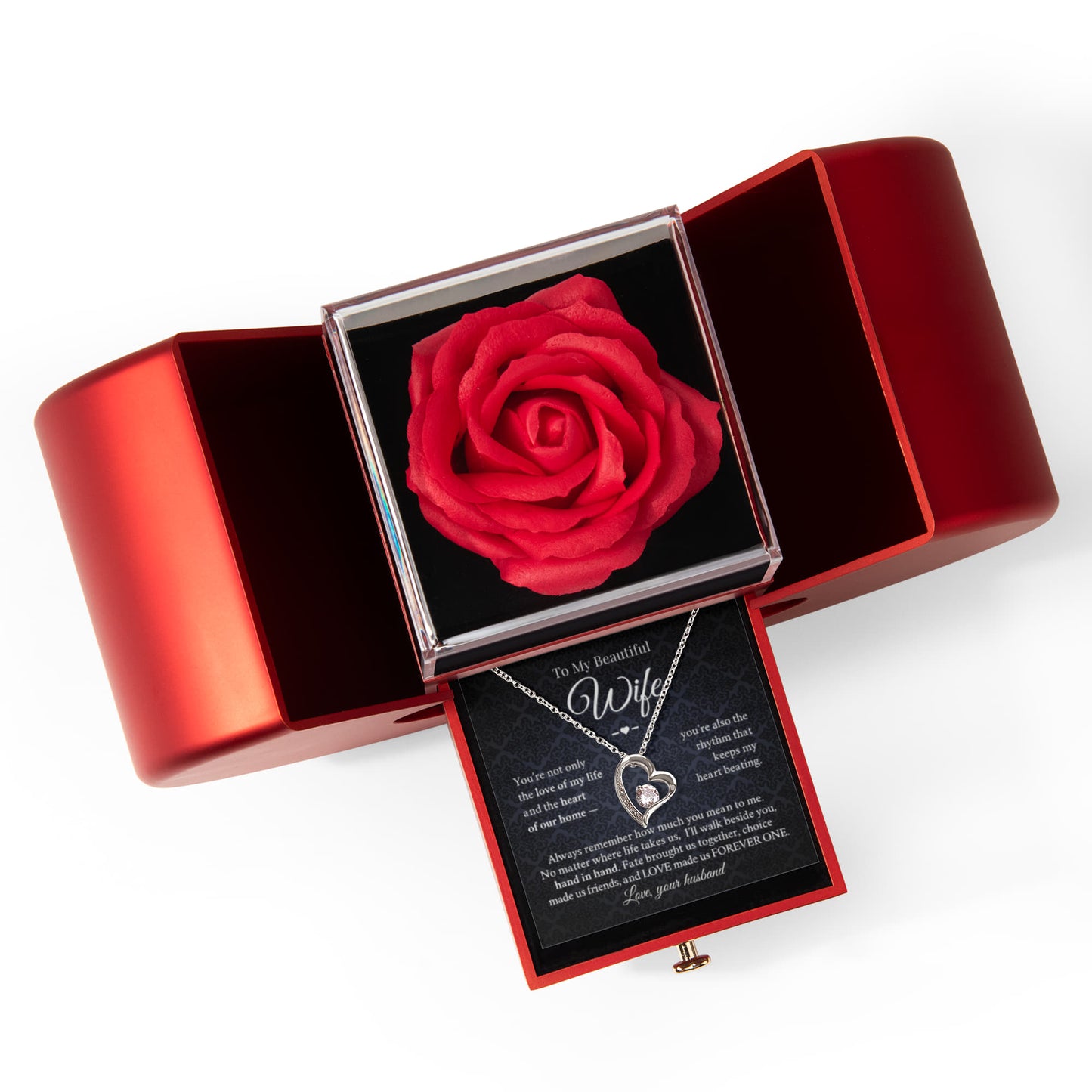 Forever Love Necklace with Red Heart Rose Gift Box — “To My Beautiful Wife” Message Card