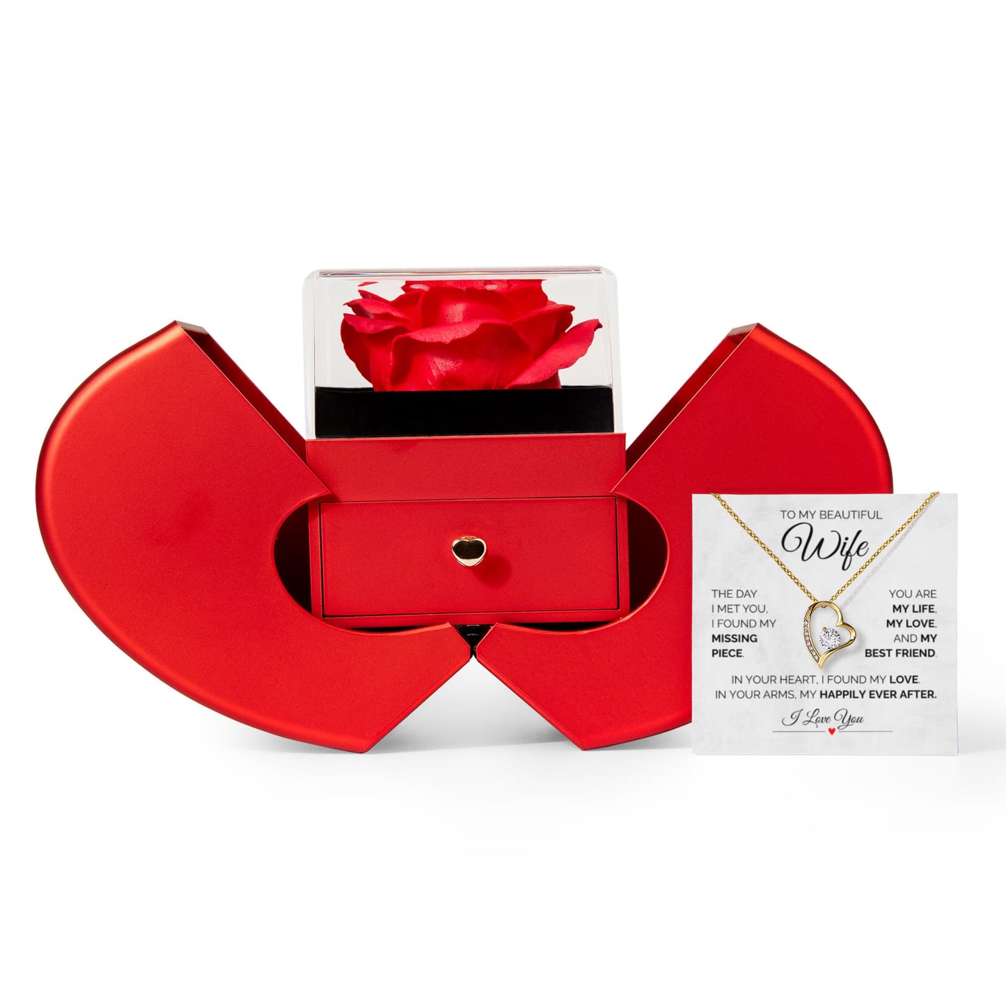 To My Beautiful Wife – Heart Necklace with Luxury Rose Box gift set