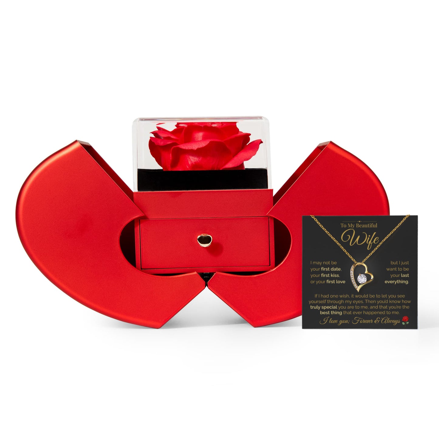 To My Beautiful Wife – Forever Love Heart Necklace & Rose Box