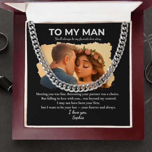 Custom Cartoon Couple Necklace Gift – To My Man Cuban Link Chain with Message Card in Luxury Box