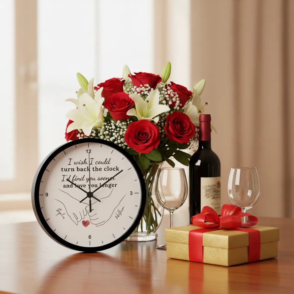“Turn Back the Clock” Personalized Couple Wall Clock – Custom Names & Hand Illustration | Romantic Gift for Anniversary, Valentine’s Day, or Wedding