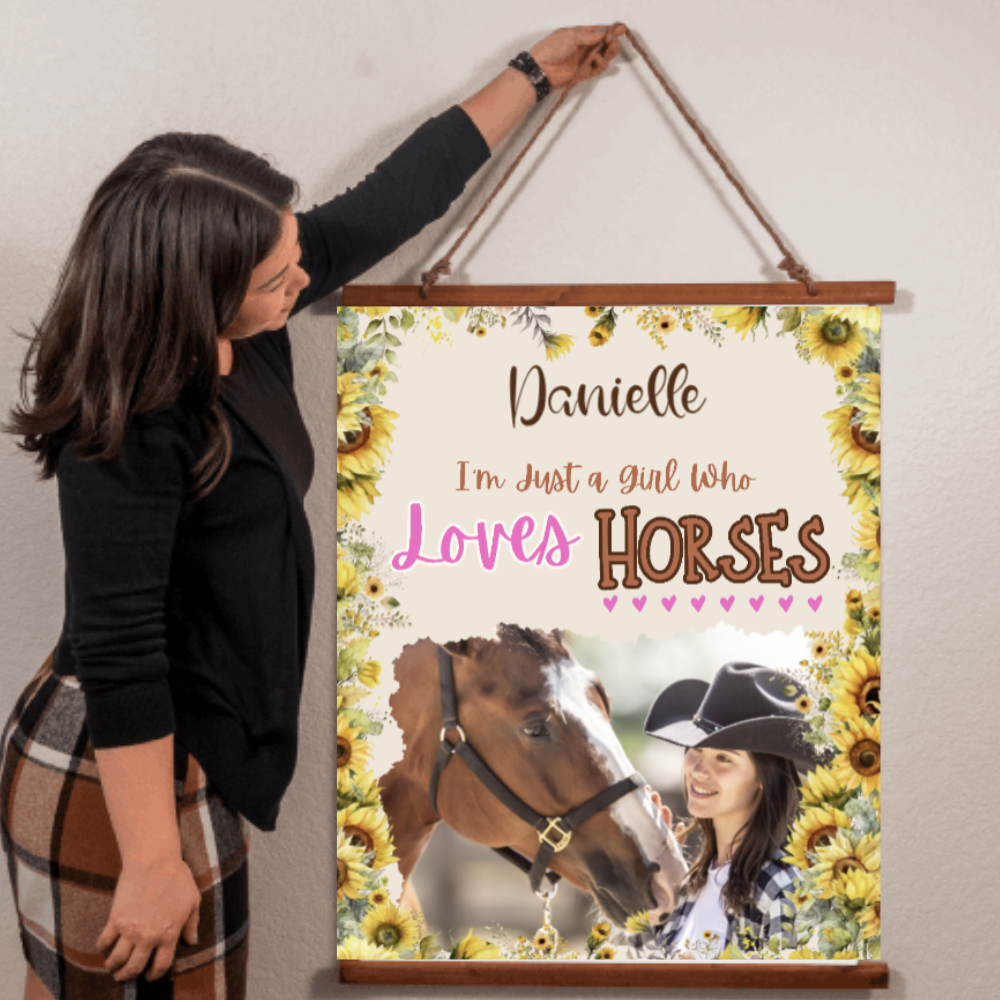 Girl Who Loves Horses-Personalized PHOTO- Wood Framed Wall Tapestry