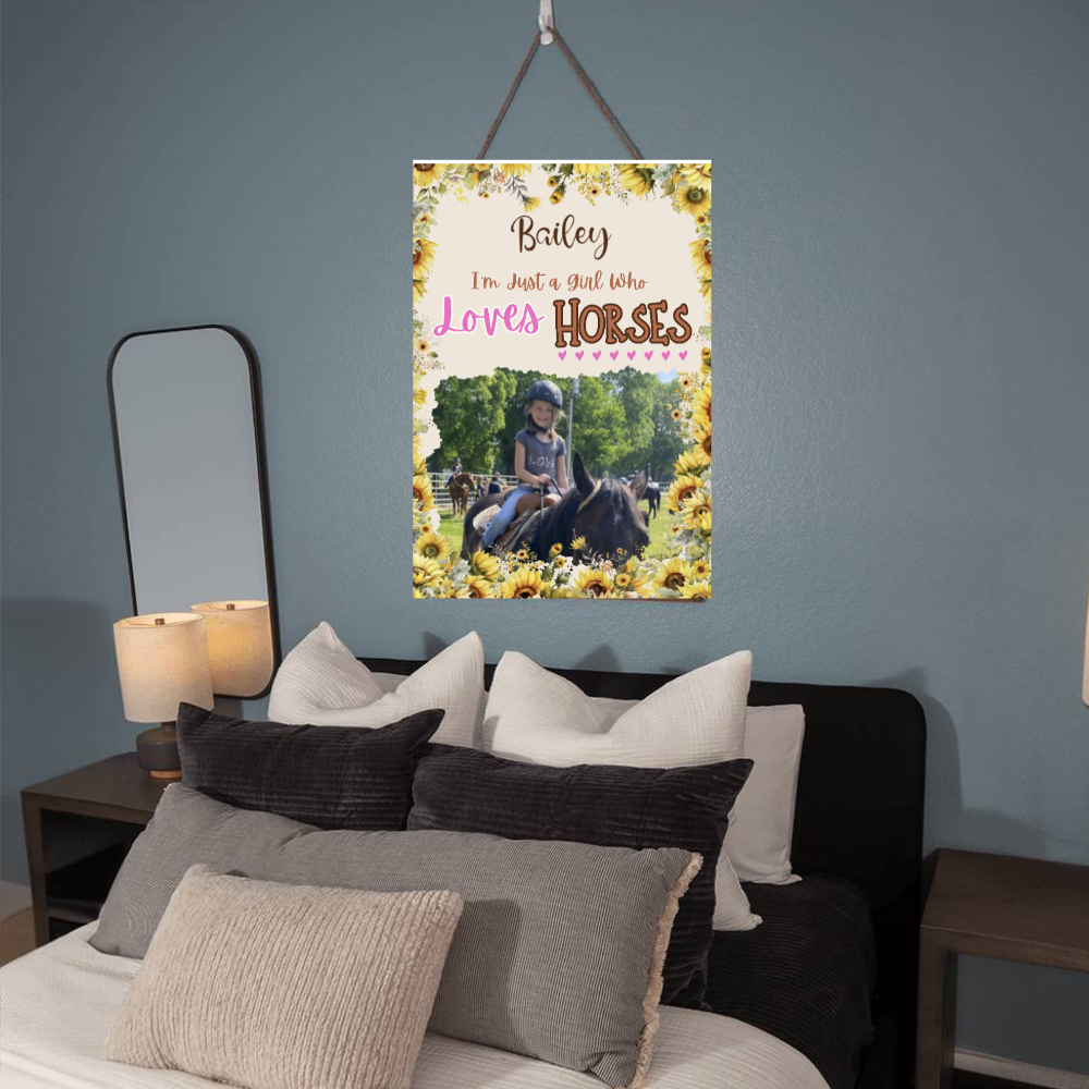 Girl Who Loves Horses-Personalized PHOTO- Wood Framed Wall Tapestry